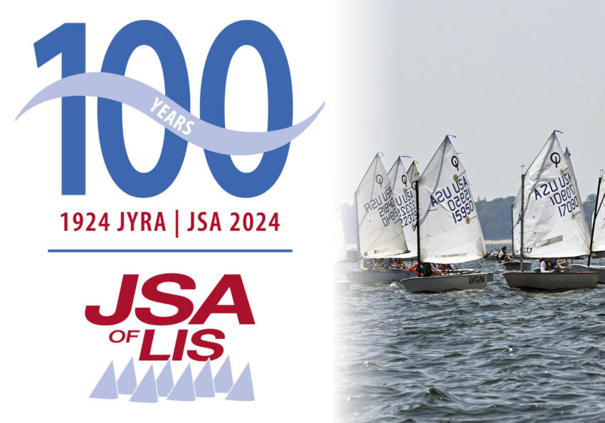 JSA 100 year logo with images of small sailboats